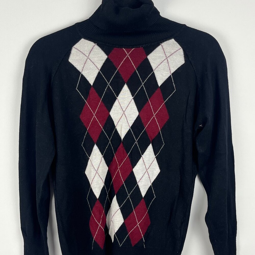 Beechers Brook Sweater Size M Black Long Sleeve Turtleneck Argyle Rayon Polyest
